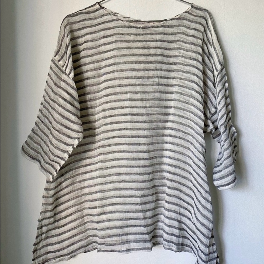 Paper Lace Pure Linen Gauze Striped Tunic Blouse cover up lightweight Summer O/S - Picture 6 of 7